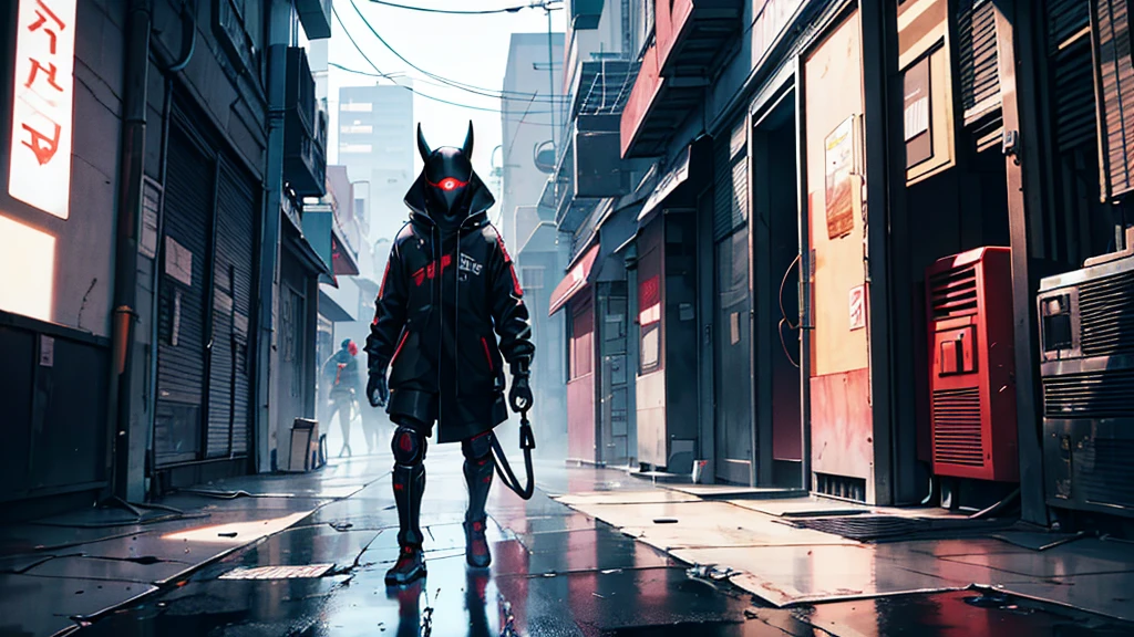 A black alien animal, walking in a cyberpunk slum,
with a broken mask covering his face, with the floor wet, and his reflection in the floor