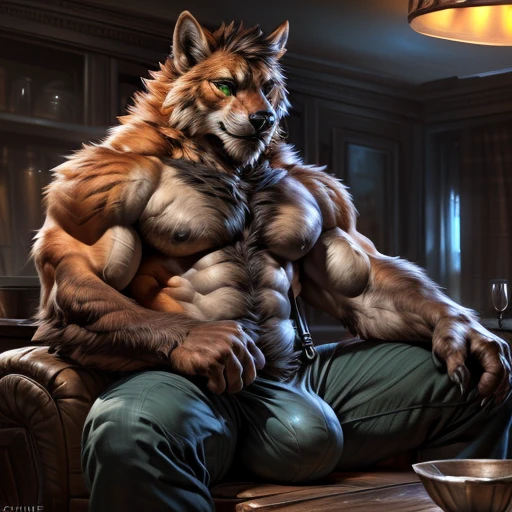 4k, high resolution, best quality, perfect colors, perfect shadows, perfect lighting, ((full bodyportrait)), posted on e621, furry body, solo, anthro orange werewolf, (monotone orange fur:1.3), male, black beard, white chest fur, adult, (heavily muscular, manly, brutal, masculine:1.4), green eyes, realistic eyes, hands on neck, suspenders, masculine, (muscular, dense build:1.4, muscular shoulders, massive lactation pecs, massive bulge, detailed penis bulge), living room background, correct anatomy, sitting in the dining room, green short pant, (photorealistic detailed fur, epic, masterpiece:1.2), (by Taran Fiddler, by Chunie, by Rukis, Bonifasko lighting), best posture, claws on hands, (photorealistic fur, detailed fur, epic, masterpiece:1.2), sexy shadows, (by echin, by Taran Fiddler, by takemoto arashi, by Traver009, by Juiceps), (detailed eyes:1.2), impressive physique, focus face, serious face, detailed eyes