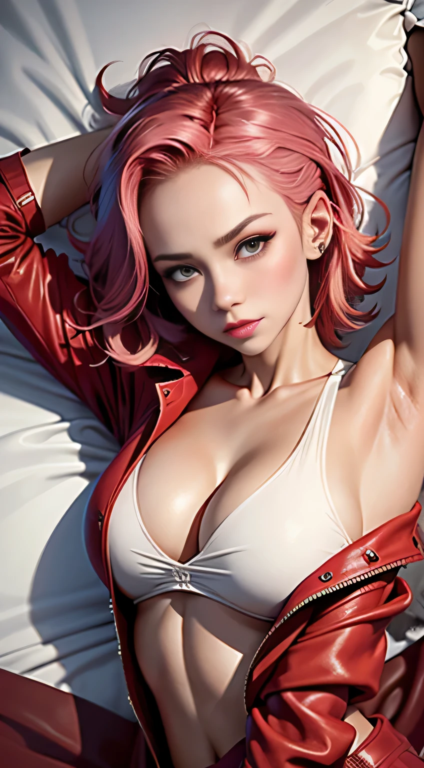 sfw, ((lying on bed top view)), Sakura Haruno, Seductive, ((forehead to show)), Attractive, Sexy eyes, Red coat, Pink hair, Delicate, young, Short hair, Detailed face, High Definition, Full body, from league of legends, Trending in art stations, by RHADS, Andreas Rocha, rossdraws, By Shinkai Makoto, Laurie Greasley, Royce of Barre, Ilya Kuvshinov and Greg Rutkowski, wearing bra,((skinny waist)), young asian girl, ((big breasted)),