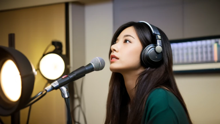 woman in a recording studio with headphones on and microphone, girl in studio, studio shot, Trend Astation Headquarters, Sit in front of the microphone, News Programs, kyoto studio, Shutterstock, Live Broadcast, studio recording, studio kyoto, studio, Promotional Art, studio spotlight, Portrait Shot, advertising photo, studio lit, gettyimages, in a studio, beginner、Long Hair、