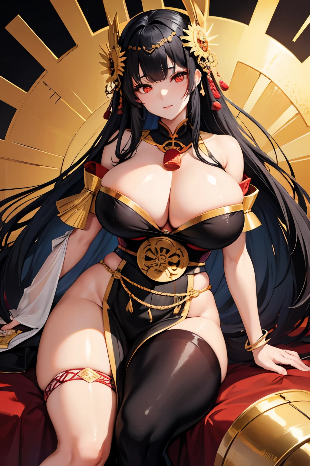 Japanese goddess of the sun, black hair, red eyes wearing a gold and black Komodo, big boob, big thighs, has a motherly look, is in body shape,