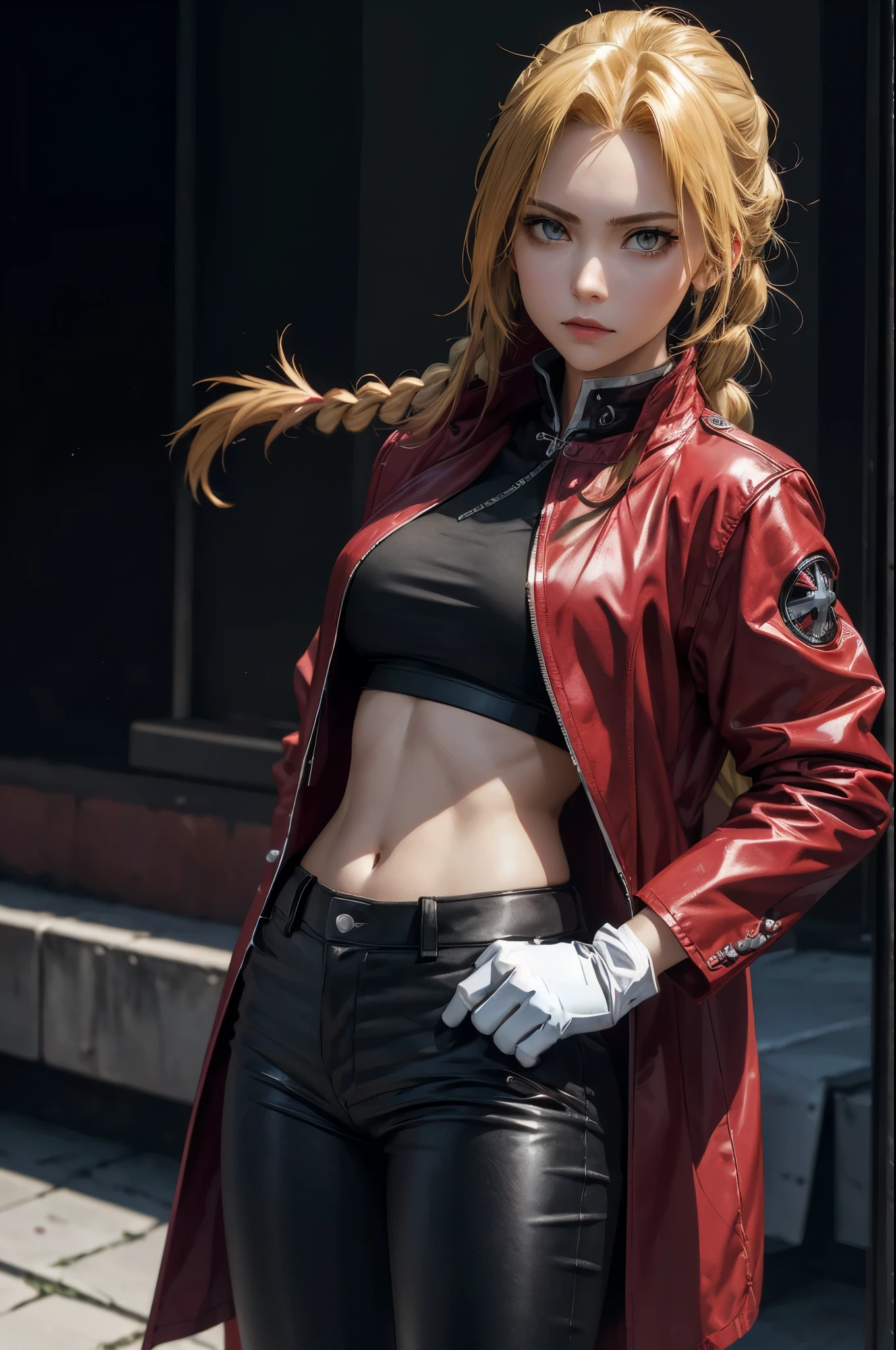 (masterpiece, best quality:1.2), expressive eyes, perfect face, highres, 1girl, solo, (female:1.5), EdwardElricQuiron, a single metallic mechanical arm, white gloves, red jacket, black shirt, long hair, single braid, black pants, standing, upper body, looking at the viewer