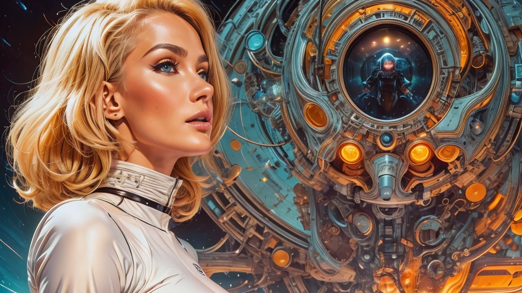 arafed image of a white woman in a futuristic suit with a spaceship in the background, movie art, in front of an orange background, inspired by Robert McGinnis, female protagonist, megastructure in the background, portrait of an ai astronaut, astronauts, an astronaut, portrait of a astronaut skeletor, perfect android girl, detailed eyes, perfectly detailed teeth, frank franzzeta and sakimichan  