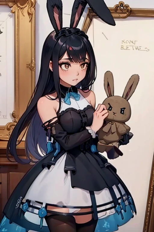 
A black haired woman with brown eyes with an hourglass figure with black bunny ears in a cute lolita is holding a bunny
