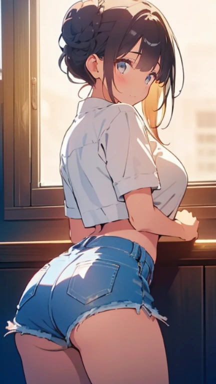 Woman Sexy Perfect sensual body large breast and Nice Butt, tarot, (8k、A mais alta qualidade de imagem、mais alta qualidade、obra de arte)、rosto detalhado、1 garota、cabelo preto、UNIQUE hair bun、franja romba、olhos cinzentos、brincos、Sorriso mostrando os dentes、Peito moderado、white sweater、fora do ombro、without long strap、umbigo、shorts jeans curtos、tiro de vaqueiro、fundo do beco