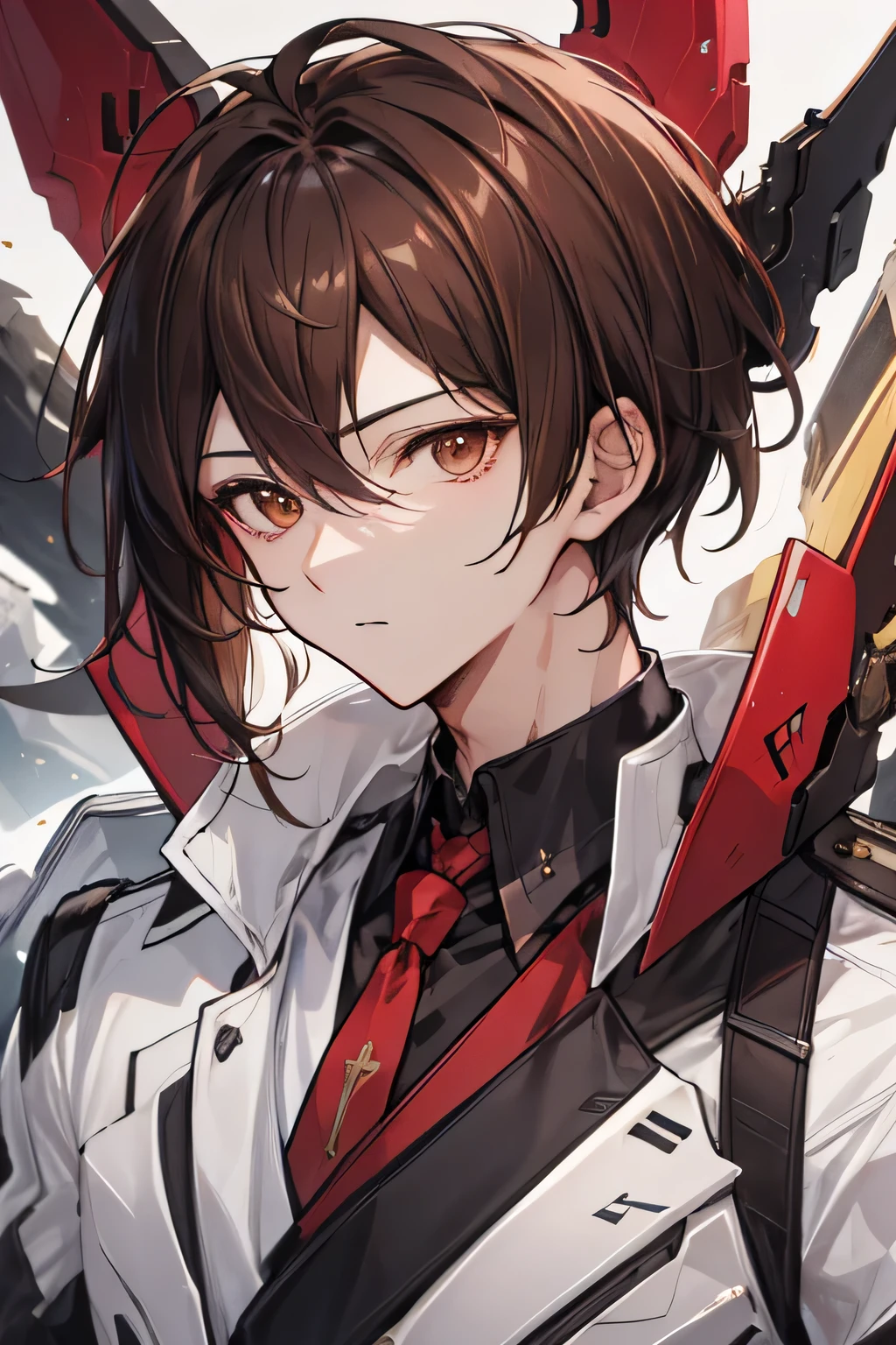 (best quality,masterpiece:1.2),detailed,perfect face,beautiful brown hair and shiny brown eyes,mechanical elements,striking red tie,sharp and defined square chin,full body portrait, straight pose, looking at the horizon