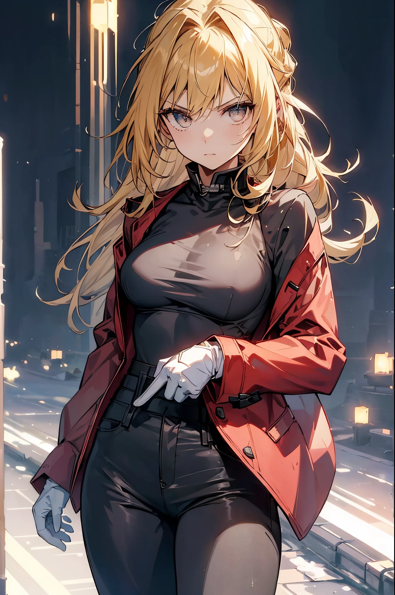 (masterpiece, best quality:1.2), expressive eyes, perfect face, highres, 1girl, solo, (female:1.5), EdwardElricQuiron, a single metallic mechanical arm, white gloves, red jacket, black shirt, long hair, single braid, black pants, standing, upper body, looking at the viewer