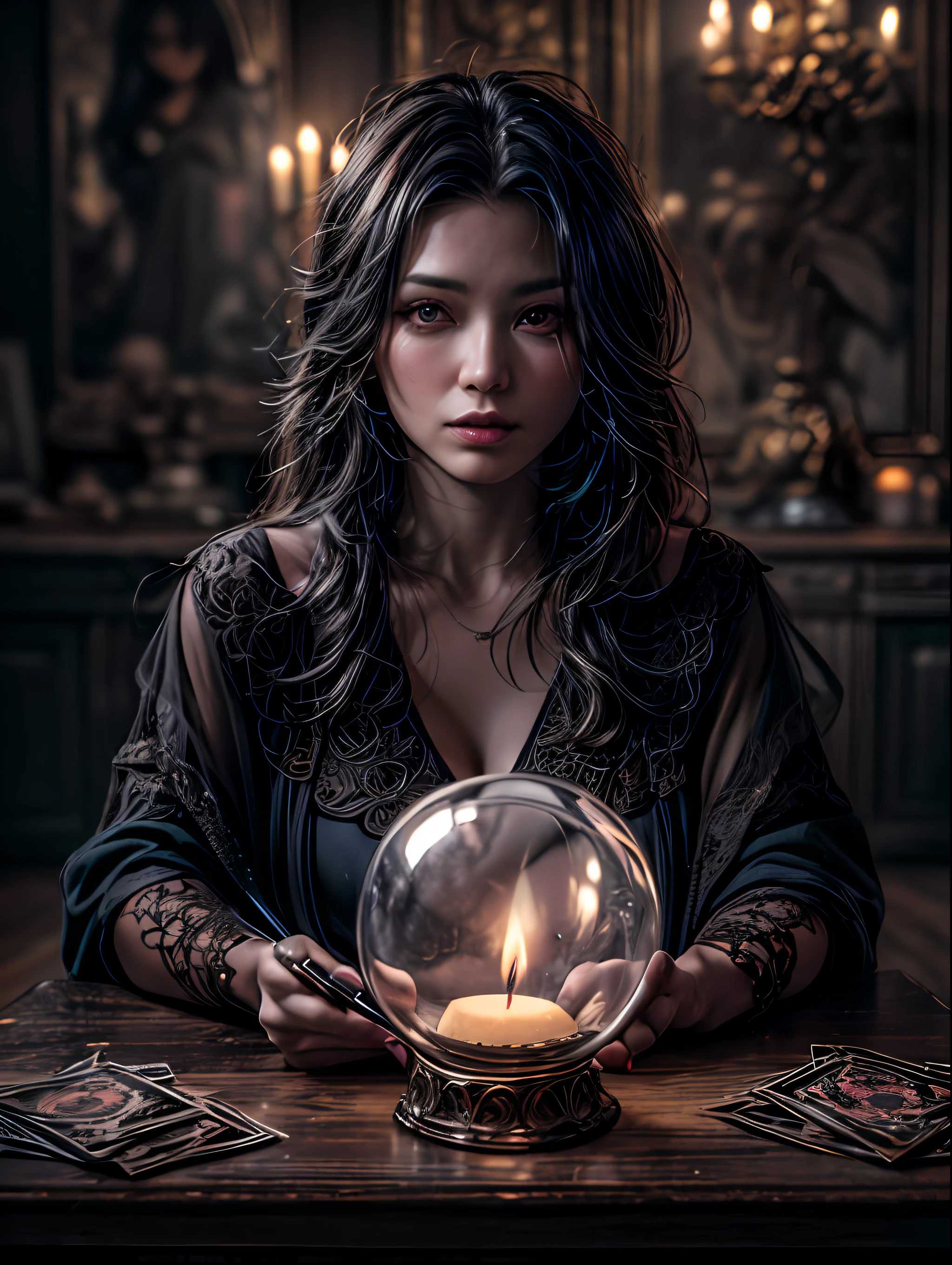 (obra de arte, high resolution:1.3), (foto de uma mulher em seu ambiente escuro e misterioso:1.2), (Sony Alpha 1 Camera, conhecido por capturar detalhes excepcionais e desempenho em pouca luz:1.2), (emparelhado com a Sony FE 24-70mm f/2.8 GM lens for versatile, sharp composition:1.2), (the woman surrounded by an aura of mystery and intrigue:1.1), (his dark clothes and enigmatic expression add to the atmosphere:1.1), (Sony Alpha 1 Camera capturing the intricate textures and subtle shades in the low-light setting:1.2), (a table adorned with tarot cards, spread out in a mystical formation:1.1), (velas tremeluzindo, casting dancing shadows across the room:1.1), (the dim lighting increases the atmosphere of secrecy and mysticism:1.1), (os olhos da mulher focados nas cartas, como se buscasse respostas do desconhecido:1.1), (uma bola de cristal por perto, adding to the mystical setting:1.1), (Symbols of astrology and esoteric knowledge decorating the room:1.1), (uma pitada de incenso no ar, adding to the sensory experience:1.1), (the photo capturing the woman's connection with the spiritual world and her mysterious aura:1.1), (Um momento congelado no tempo, capturing the intense and introspective atmosphere of divination:1.1), (an image that invites viewers into a world of magic and spiritual vision, deixando-os intrigados e curiosos:1.1), Cinematic, hiper-detalhado, detalhes insanos, lindamente colorido, motor irreal, dof, Super-resolution, Megapixels, cinematic lightning, Anti-aliasing, FKA, THAI, RTX, SSAO, Post-processing, Post production, Mapeamento de tons, cgi, efeitos visuais, efeitos sonoros, incrivelmente detalhado e intrincado, Hiper maximalista, hiper-realista, volumetric, fotorrealista, ultra fotorreal, ultra-detalhado, detalhes intrincados, 8k, super detalhado, cor cheia, volumetric lightning, HDR, realista, motor irreal, 16K, sharp focus, octane rendering