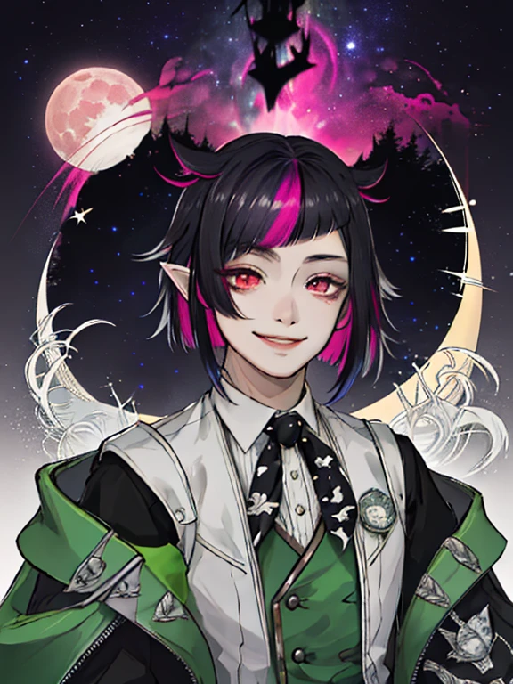 best quality,1boy,lilia vanrouge twisted wonderland,black hair, streaked pink hair,multicolored hair,dark red eyes,pointy ears, smiling,cute,black victorian clothes,starrystarscloudcolorful,dark forest,night sky,moon