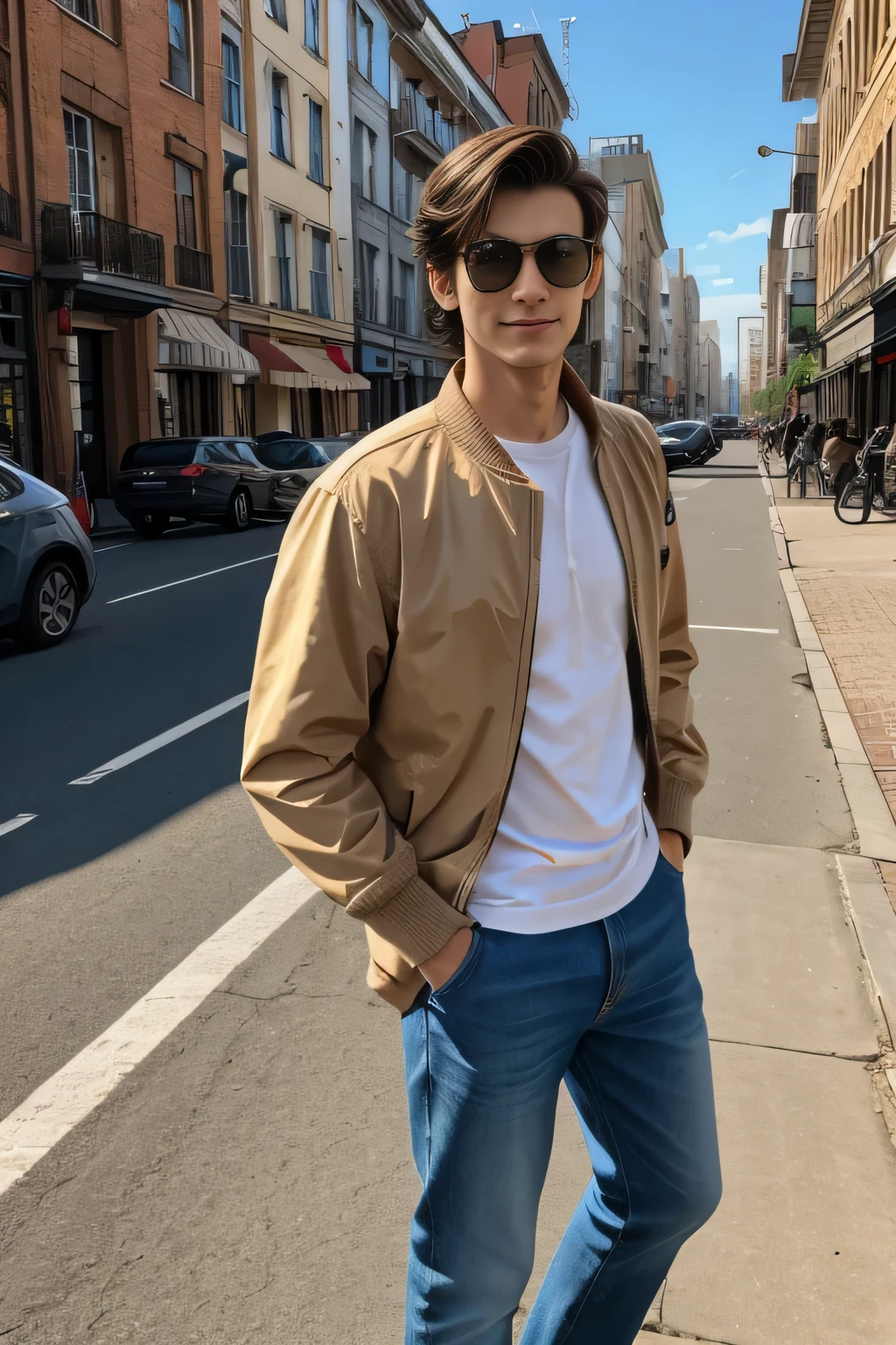 Age 25々Cool guy、What it's like to be a model、Chic and casual clothing、Delicate face、good looking、My hair is brown、Brown eyes、Daytime on a sunny day、Cool standing figure、The scenery in the background is a cityscape、Live-action shooting style、High quality 8k、Bright smile、Like a model、One man、