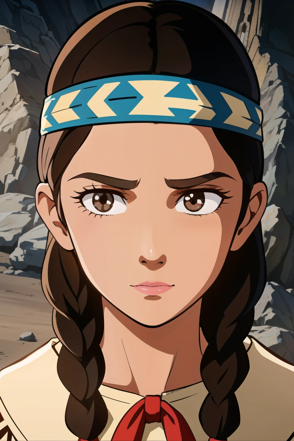 1girl, Chiko_Kamui \(the Dagger of kamui\), dark skin, brown hair, middle hair, twin braids, hair bandanna, Indian clothes, ((upper body, face close-up, face focus)),