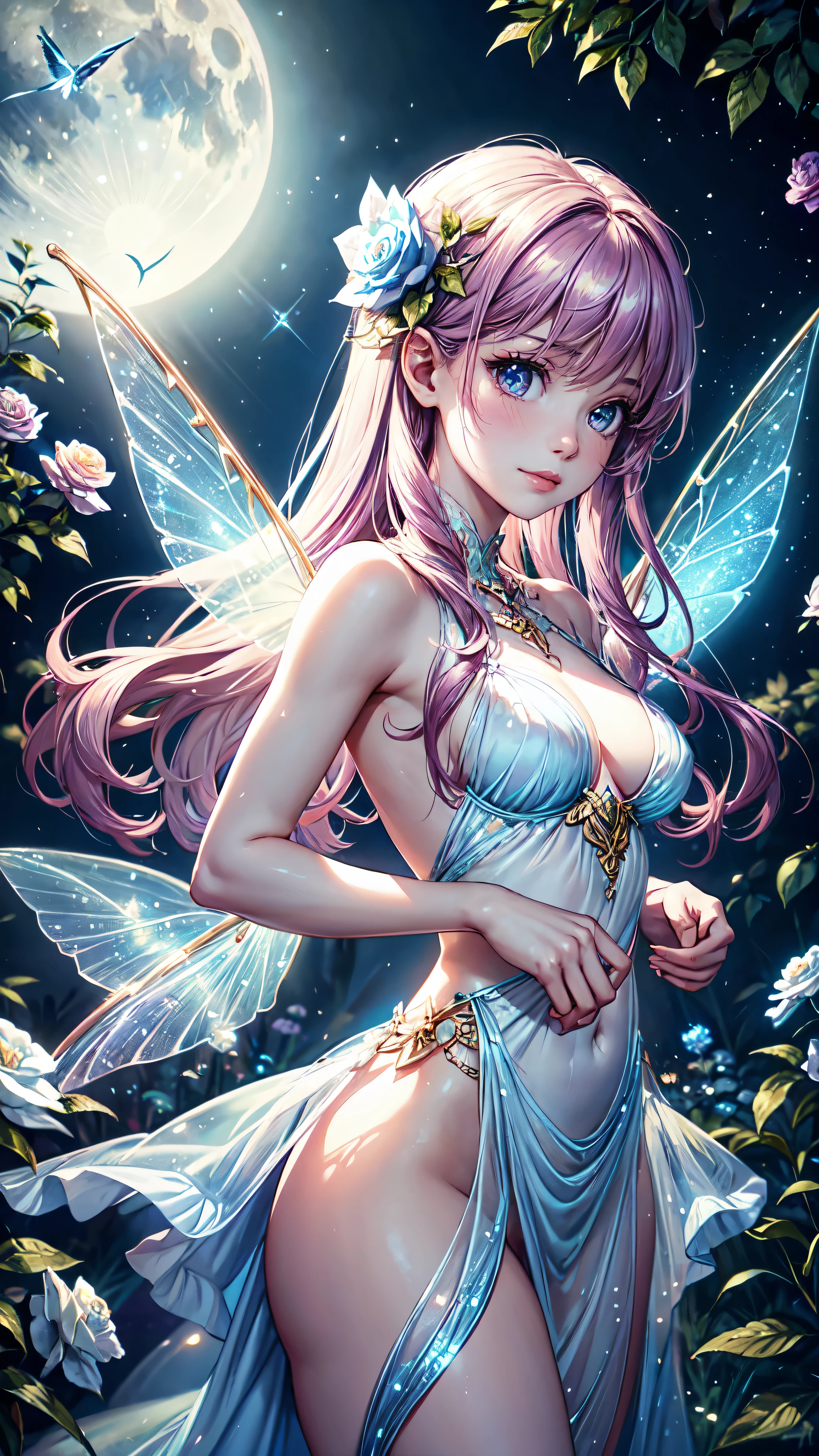 1 moon，Beautiful transparent flower fairy , Transparent colorful wings, The wand flutters in the wind､The wand flashed with starlight，Golden wand，Beautiful blue sky and white clouds、Girls have transparent wings､kindly smile､Beautiful garden background､Gentle and transparent，anatomy correct, Delicate pattern，Pink rose space, Soft lighting, ( Bokeh)，Masterpiece, Super detailed, Epic composition, Highest quality, 8K，Epic romantic fantasy digital art，Epic fairy tale fantasy digital art，Mythological fantasy，UHD resolution，Detailed detail drawing，realisticlying，Very realistic，cinmatic lighting,an award winning photograph,rich colours，hyper realistic lifelike texture，dramatic lighting, detailed face, detailed eyes, detailed hands, dull body,on ground