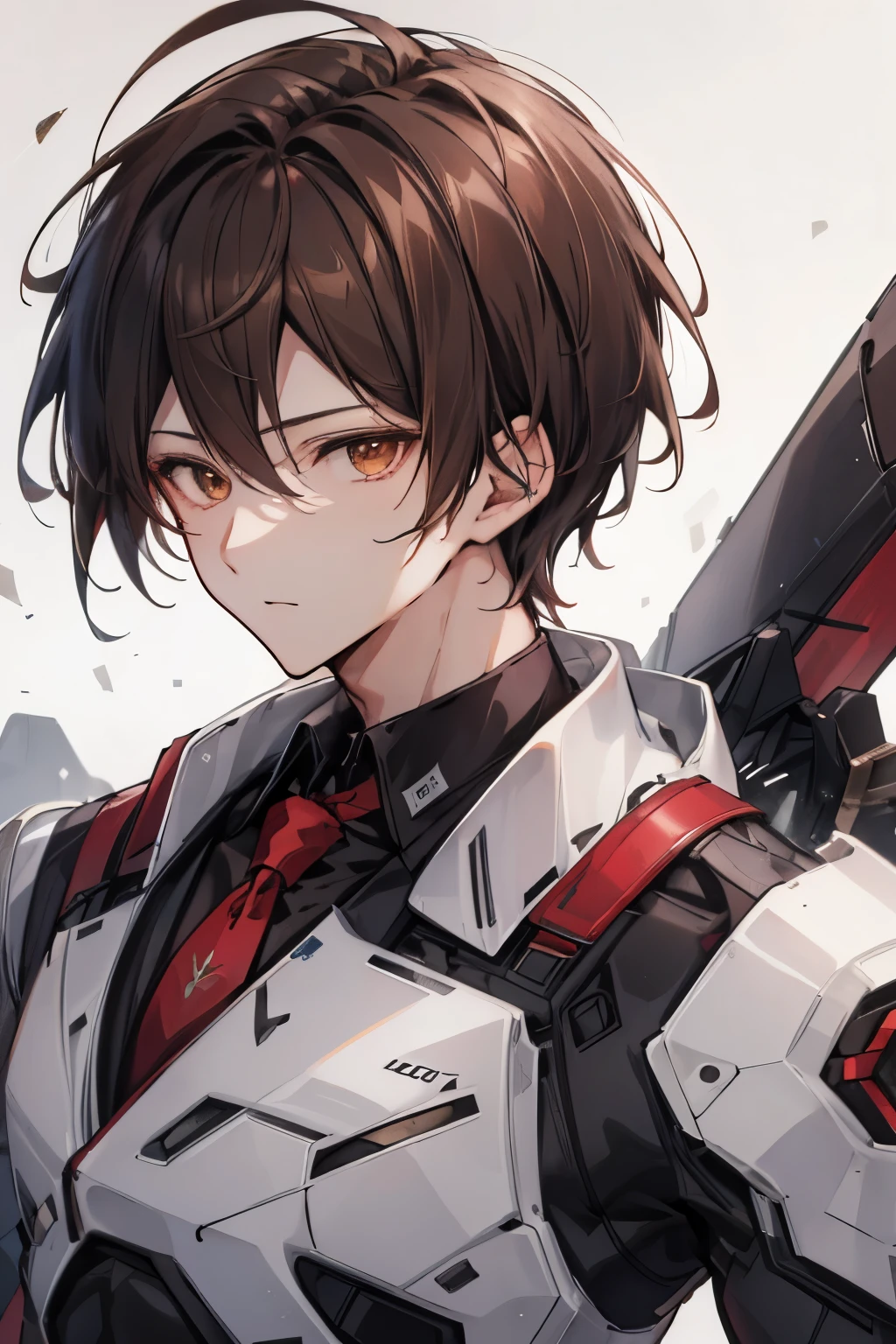 ((best quality)), ((masterpiece)), (detailed), perfect face, male, brown hair, brown eyes, mech, black suit, red tie, square chin, full body picture