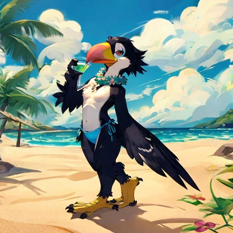 Solo female, toucan, avian, bird, curvy, black feathers, blue bikini bottom, flower lei, holding coconut drink, beach, Hawaiian, tropical, palm trees in background