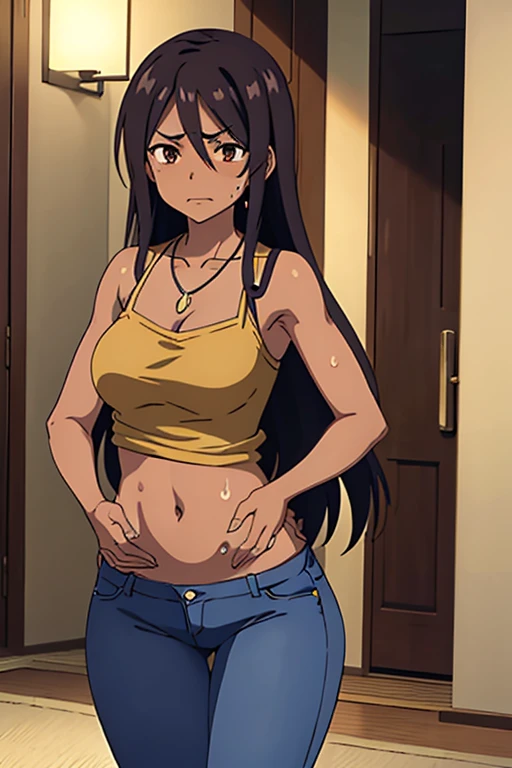 tan skinned anime woman wearing a cami top and jeans, famished in hunger, (necklace), (gently resting hands on stomach), (sweating), (long hair), (hands on stomach), (pressing stomach with her fingers)