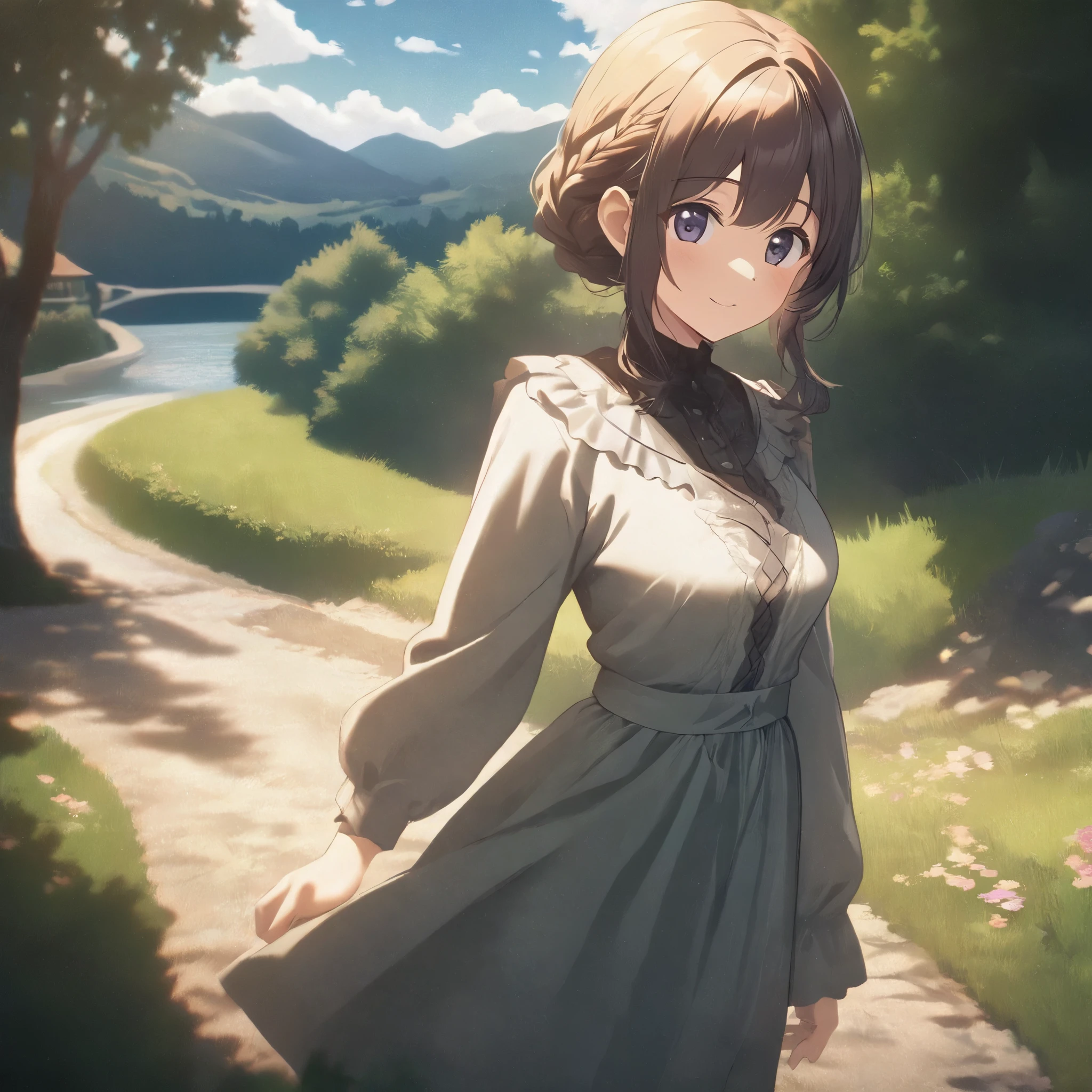 Create a detailed and high-resolution image of an elegant girl with silky white braided hair, wearing warm, cute, and beautiful casual outdoor clothing. She should have extremely detailed eyes and a sweet smile, walking in a beautiful village. The background should include a detailed mountain, a sunny sky with soft sunlight and shades, soft shadows, clouds, trees, bushes, beautiful grass, flowers, a river, and a small bridge across the village. The girl should be in a feminine pose, and the image should have a model shoot style, full shot, dynamic angle, and cinematic feel. Use an 85mm lens and HDR for the best quality. The girl should also appear as an innocent and kind human being, with a warm and compassionate expression, gentle smile, and caring eyes, completely disguising any hint of her demonic or gothic appearance. Include villagers who are looking at her with smiles and happiness. The final image should be a masterpiece of the highest quality, suitable for use as an anime art wallpaper in 8k resolution