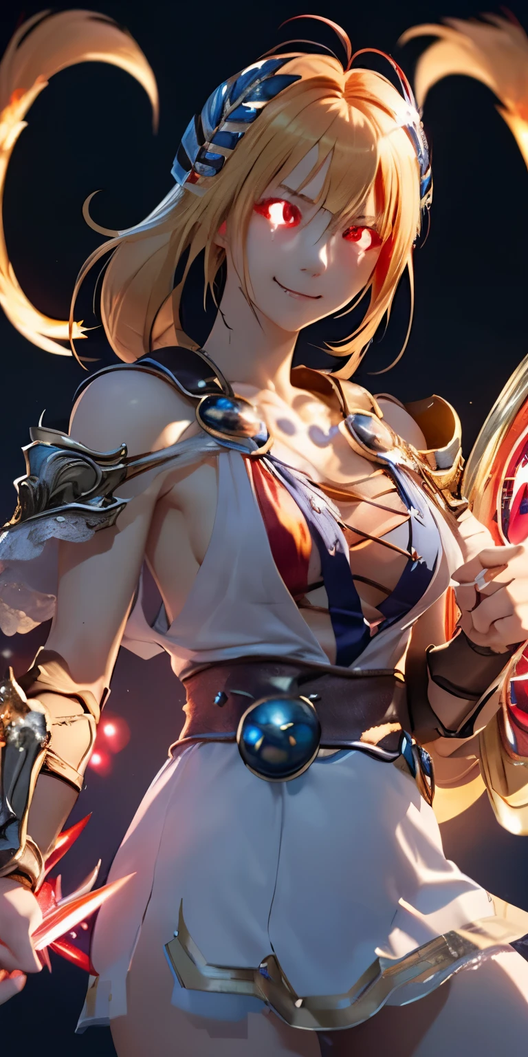 (masterpiece, best quality:1.3), Sophitia Alexandra, Soul Calibur, (upper body:1.5), anime, intricate detail, japanese style, 28 years old, look at viewer, gold hair, braid hair, (evil smile:1.5), (empty eyes, simple eyes, glowing red:2.0), (fight stance with sword and shield:1.5), (ruins blessed by the god Hephaestus, filled with a mystical air, beautiful stars spread out in a mysterious arrangement in the dark midnight:1.2),