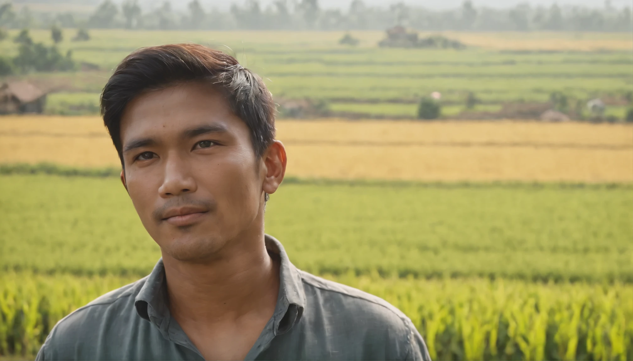 Professional 3D rendering:1.3, photo from hip to head, eyes looking at the camera, indonesian man in his 35s, a poor farmer, vast rice fields in the background, detailed, realistic photo