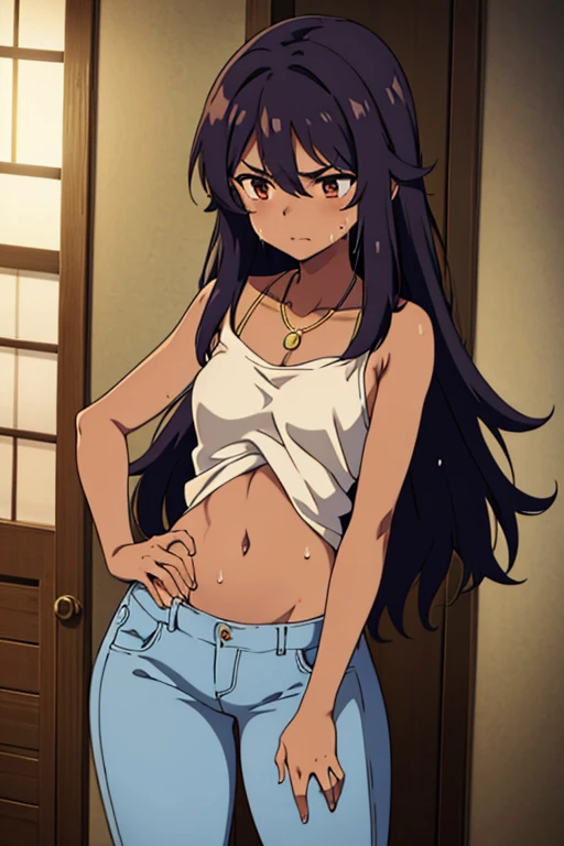 brown-skinned anime woman wearing a cami top and jeans, famished, (necklace), (sweating), (long hair), (right hand on stomach in pain), (right hand on stomach)