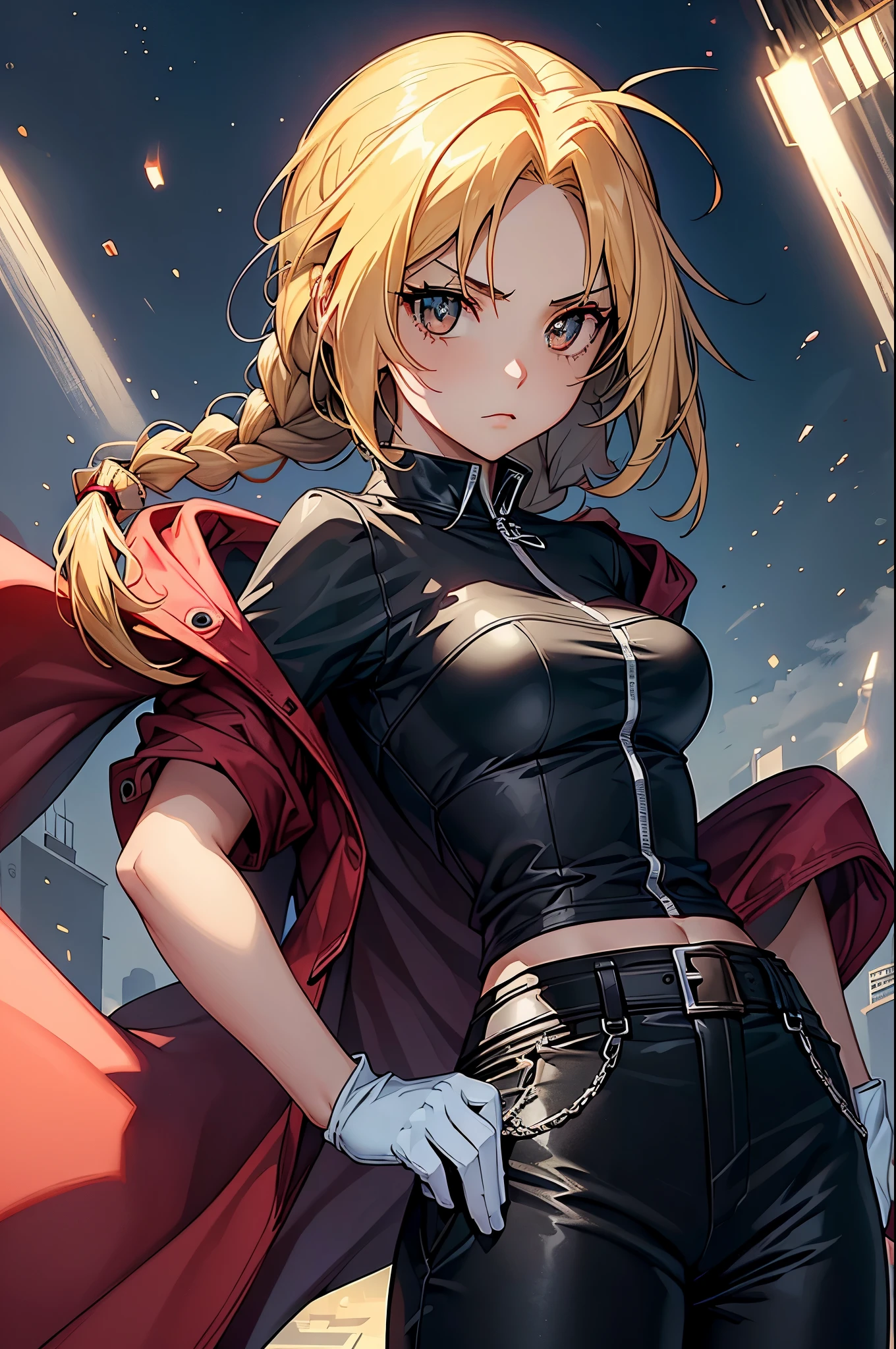 (masterpiece, best quality:1.2), expressive eyes, perfect face, highres, 1girl, solo, (female:1.5), EdwardElricQuiron, a single metallic mechanical arm, white gloves, red jacket, black shirt, long hair, single braid, black pants, standing, upper body, looking at the viewer