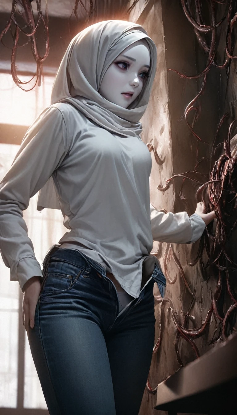 A woman trapped in the haunted room with full of worms, wearing hijab, white shirt, pull down her jeans, white skin, smooth skin, beautiful face, detail, photorealistic, 8K. High quality, ultra detail, cinematic color, dramatic lighting, panties accidentally exposed