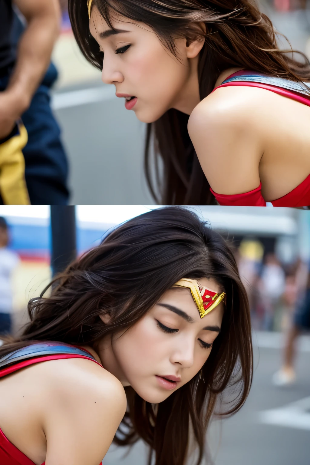 from the side,perfect wonder woman costume,crawl on all fours,sleeping face,Close ~ eyes,open your mouth,tired face,face of suffering,sky face,sleeping face,fight the men,surrounded by men,,caught between men,being tackled by men,Intertwining with men, Attacked by men,assaulted by men,Being bullied by guys,being sexually abused by a man,Captured by a man,Being detained by a man、touch your face,、Hair is pulled hard,My head is grabbed,licked my hair,lick my face,brown hair, masterpiece、beautiful girl、fine 目、puffy eyes、highest quality, 超High resolution, (reality: 1.4), movie lighting,super beautiful、beautiful skin、(Ultra-realistic)、(High resolution)、(8K)、(very detailed)、(beautiful and fine 目)、(Super detailed)、 detailed face、slanted bangeshi hair、brown hair、20-year-old、wonder woman cosplay,wonder woman tiara