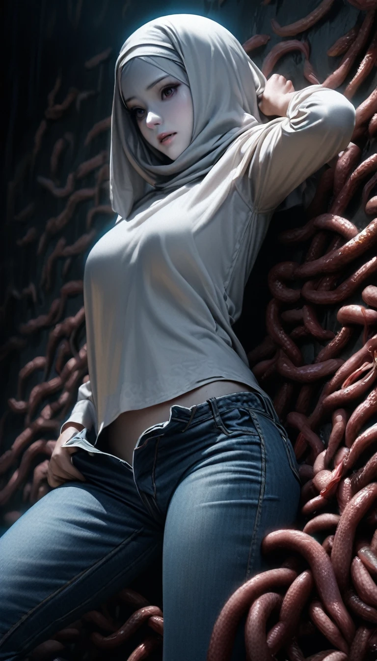 A woman trapped in the haunted room with full of worms, wearing hijab, white shirt, pull down her jeans, white skin, smooth skin, beautiful face, detail, photorealistic, 8K. High quality, ultra detail, cinematic color, dramatic lighting, panties accidentally exposed,