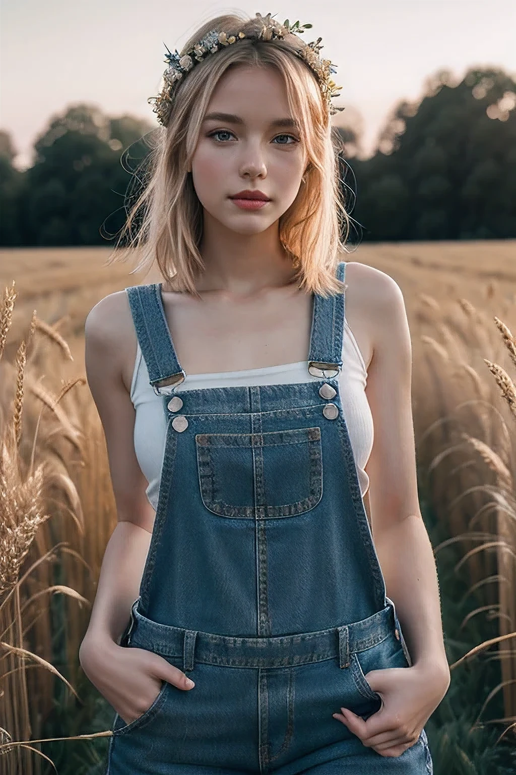 Playful Girl, Blonde hair, long bob ,(in denim overalls ) a wreath on his head walks through a wheat field  ,( Red lips), beautiful hips and legs, flirting with the camera, skin defect,, natural skin texture, 24 mm, 4K textures, soft cinematic light, Adobe Lightroom, a dark room, HDR, difficult, elegant, very detailed, sharp focus, ((((cinematic look)))), soothing tones, crazy details, difficult details, super detailed, low contrast, soft cinematic light, dull colors, exposure blend, HDR, faded