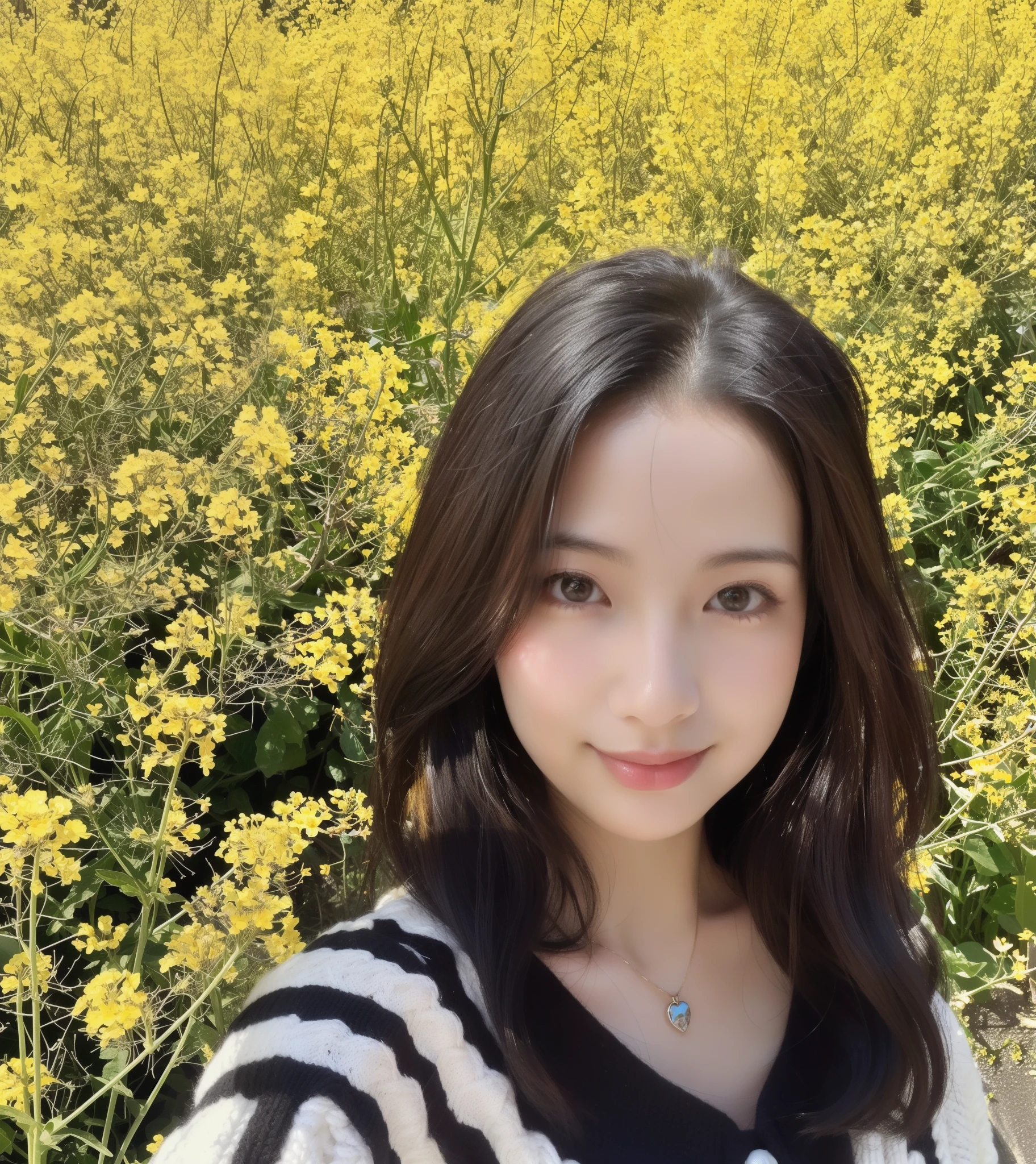 (masterpiece:1.3), (8k, Realistic, RAW Photos, highest quality: (Black Hair), Beautiful hairstyle, (Realistic Skin), Beautiful Skin, Absurd, Charm, Ultra-high resolution, Ultra-realistic, Small Bust、Small breasts、The chest is open、Spring clothes for women in their 30s、Selfie pose、White sweater、White clothes、