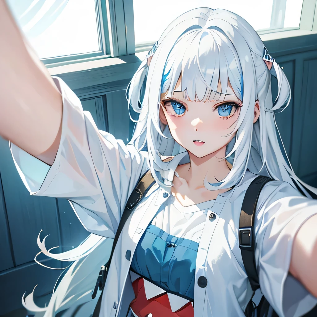 Girl, selfie, light blue and white hair, pale, lips, white soaked shirt, straight hair, bangs, light white eyes, confident, sharp teeth, shark