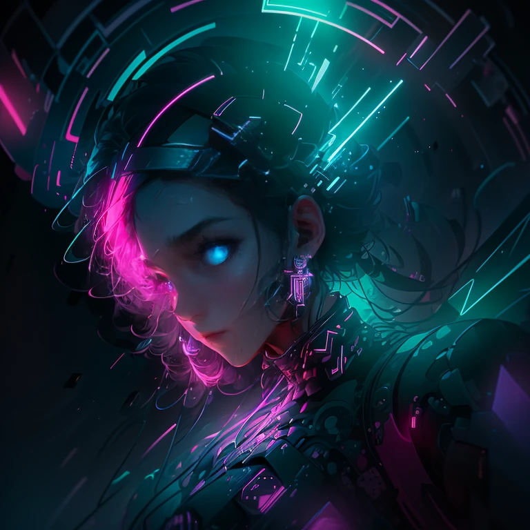 Cover Art, Techno Music Playlist, Dark Background, Shades of Black and Gray, Abstract Figure, Geometric Lines, Angular Shapes, Neon Lights, Vibrant Colors: Blue, Pink, Green, Futuristic Atmosphere, Technological Vibe, Illuminated Centerpiece.
In the depths of darkness, an intricate labyrinth of geometric lines and angular shapes emerges, brought to life by the pulsating glow of neon lights. The colors, a vibrant blend of blue, pink, and green, illuminate the figure in the center with an ethereal brilliance. The intricate patterns dance and shift with every beat of the music, creating a