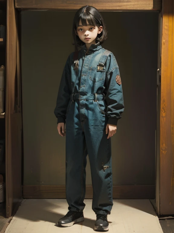 (masterpiece: 1.2, highest quality), (snap shot), Flat Illustration, creepy appearance, Unique atmosphere、Girl wearing coveralls Full body girl,