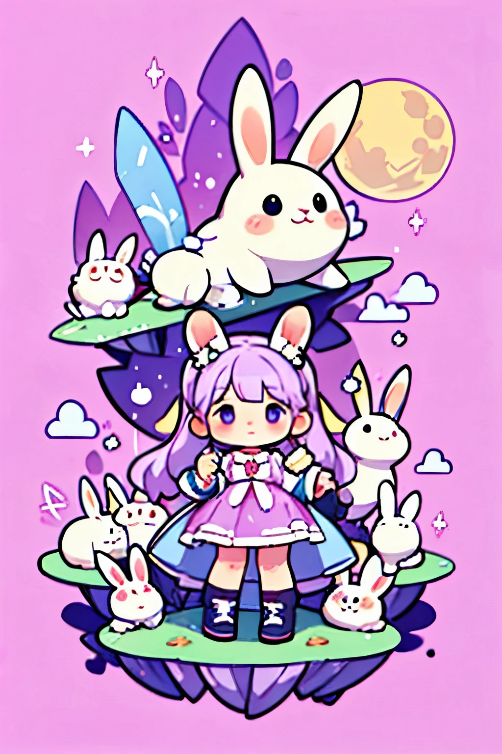 A fat, light purple rabbit stands in the sky., There is a moon with a rabbit's face in the background.