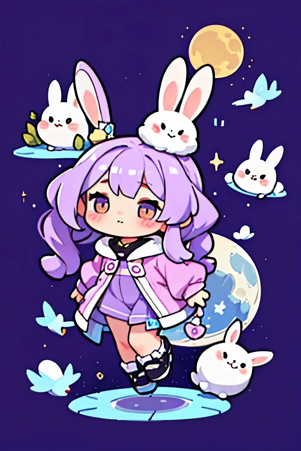 A fat, light purple rabbit stands in the sky., There is a moon with a rabbit&#39;s face in the background.