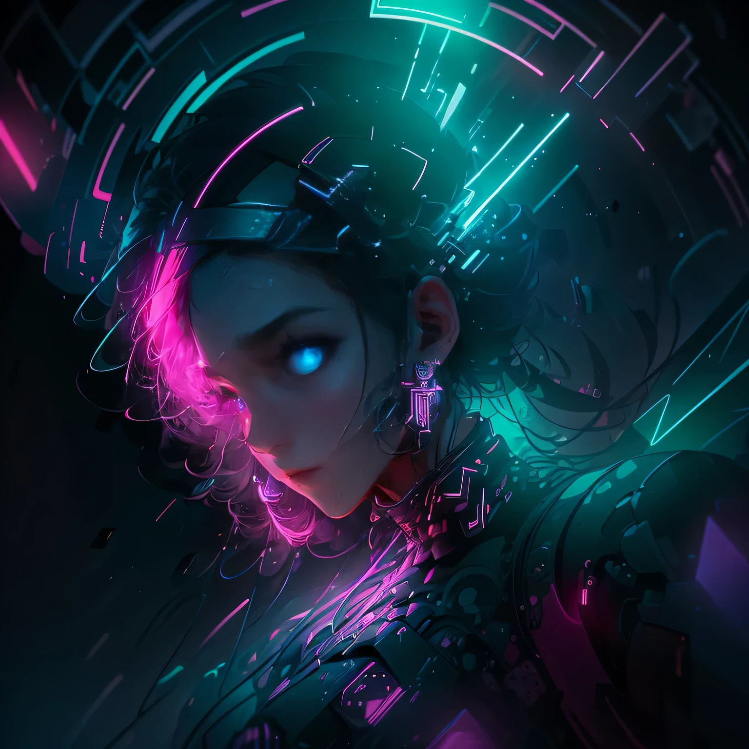 Cover Art, Techno Music Playlist, Dark Background, Shades of Black and Gray, Abstract Figure, Geometric Lines, Angular Shapes, Neon Lights, Vibrant Colors: Blue, Pink, Green, Futuristic Atmosphere, Technological Vibe, Illuminated Centerpiece.
In the depths of darkness, an intricate labyrinth of geometric lines and angular shapes emerges, brought to life by the pulsating glow of neon lights. The colors, a vibrant blend of blue, pink, and green, illuminate the figure in the center with an ethereal brilliance. The intricate patterns dance and shift with every beat of the music, creating a