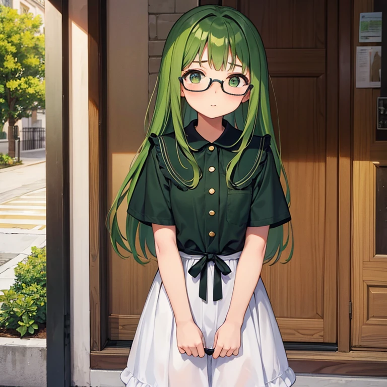 10 year old girl, con gafas, cabello verde, vestido corto color verde, shy expression