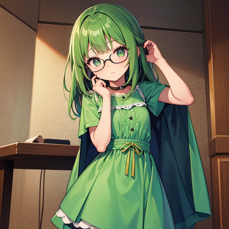 10 year old girl, con gafas, cabello verde, vestido corto color verde, shy expression