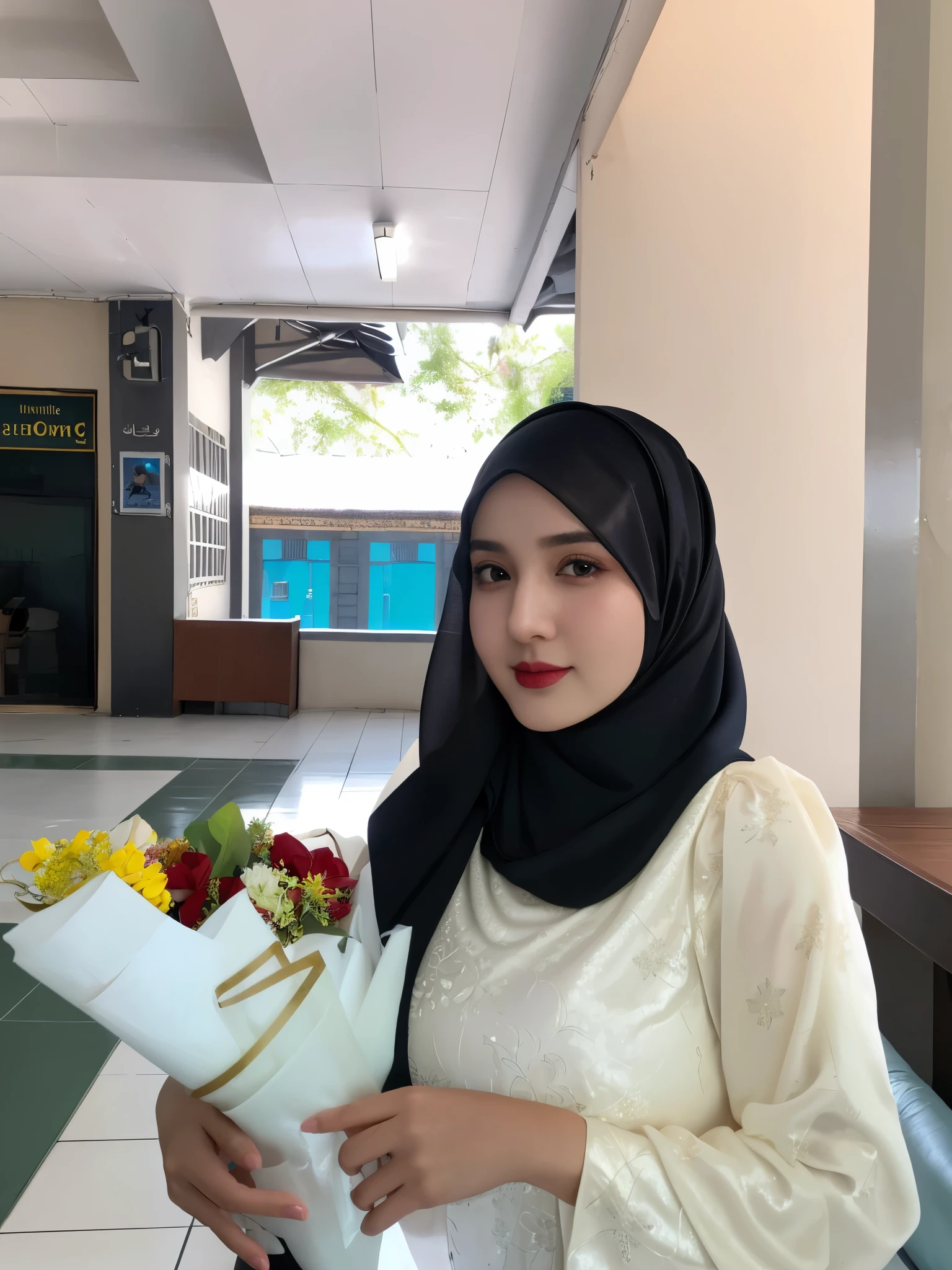 RAW photo of a 24 year old girl wearing hijab, satin abaya sexy sea foam , satin, hijab face portrait,((tp background)), 8k uhd, dslr, soft lighting, high quality, film grain, Fujifilm XT3, covered dress, patterned dress, gigantic breasts:1.5