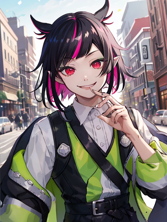 best quality,1boy,lilia vanrouge twisted wonderland,black hair, streaked pink hair,multicolored hair,dark red eyes,pointy ears, smiling,cute, spring street clothes,starrystarscloudcolorful, city, spring, spring wear