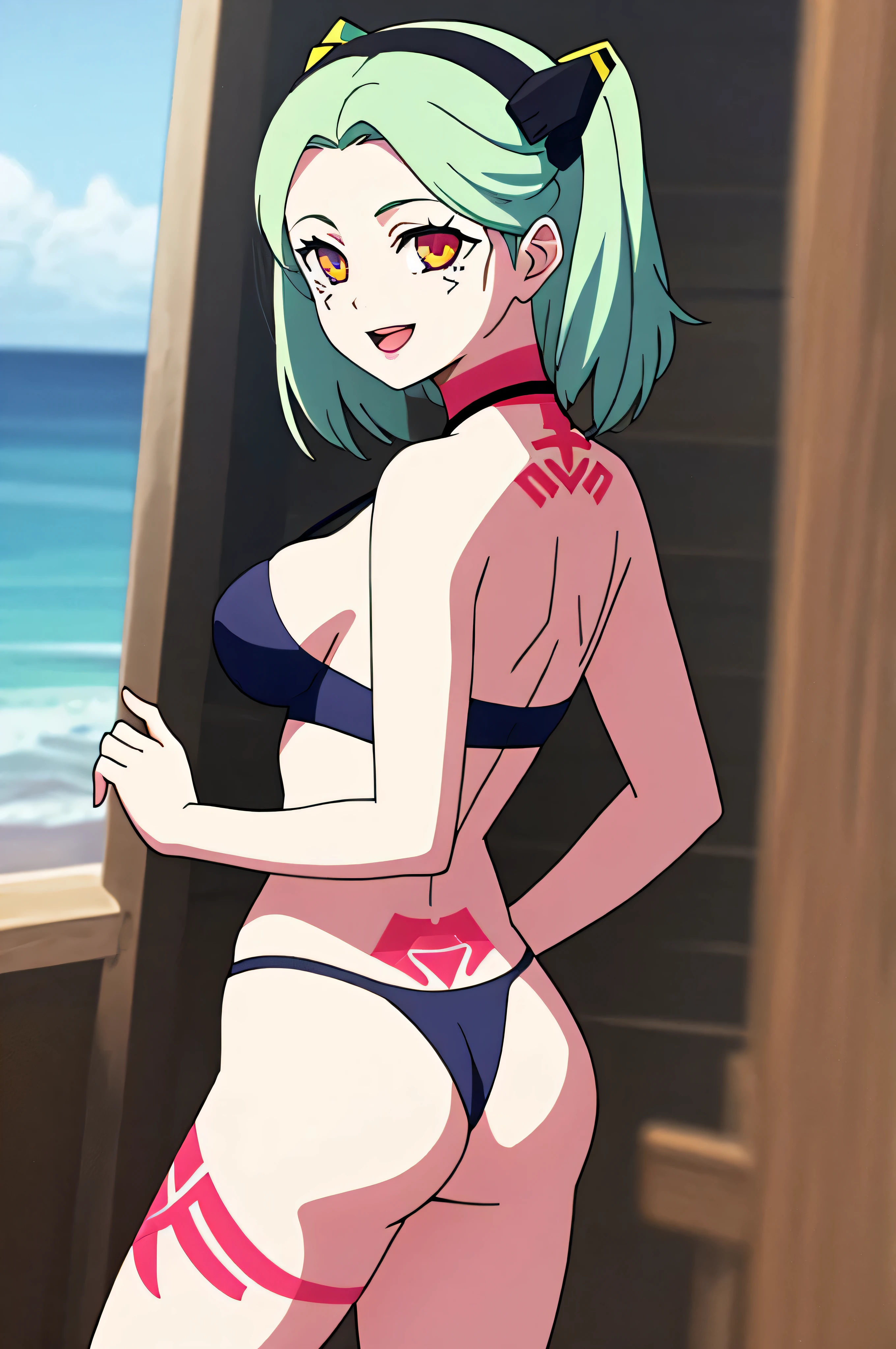 ((best quality)),((highly detailed)),masterpiece, detailed face,beautiful face,(detailed eyes, deep eyes),1girl, Rebecca, yellow eyes, solo, colored sclera, red sclera, green hair, twintails, pig tails, underwear, colored skin, bra, black hairband, hairband, tattoo, white skin, medium breasts, nice breasts, black bra, artificial eye, open mouth, headgear, mechanical eye, neck tattoo, leg tattoo, long hair, , cyborg, cowboy shot, :d, medium hair, short hair, seductive smile, nice ass, nice breasts, large breasts, cute face, sexy girl, hot, naked, fully naked, nude, in frame, at beach, ocean background, bigger breasts, perfect breasts, slim waist, rear view, big ass, cheeky, looking back, thong panties,