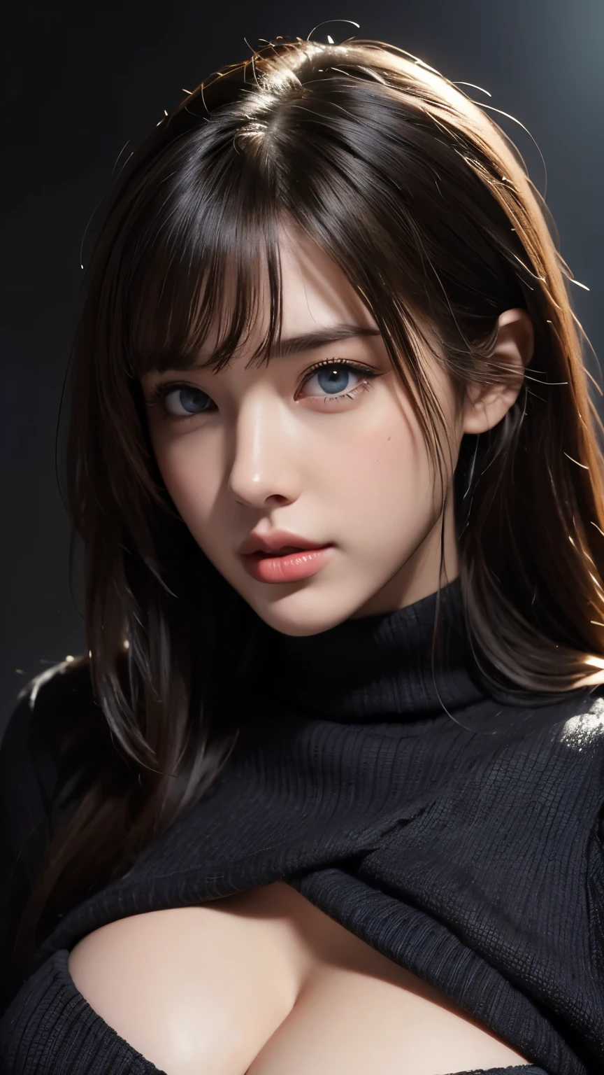 masterpiece, best quality, ultra-detailed, intricately detailed hyperdetailed, realistic, sharp features, highly detailed, sharp focus, perfect face, perfect face, perfect symmetrically perfect eyes, perfect full lips, flexible female form, cinematic, film light, hyper detailed, hyper realistic, high resolution, vibrant, dynamic studio lighting, nsfw, ((Dark background)), Sexy face, Facial expressions when receiving pleasure, straight Bangs, Big breasts, Exposed cleavage, blue Eyes,black sweater, cowboy shot,