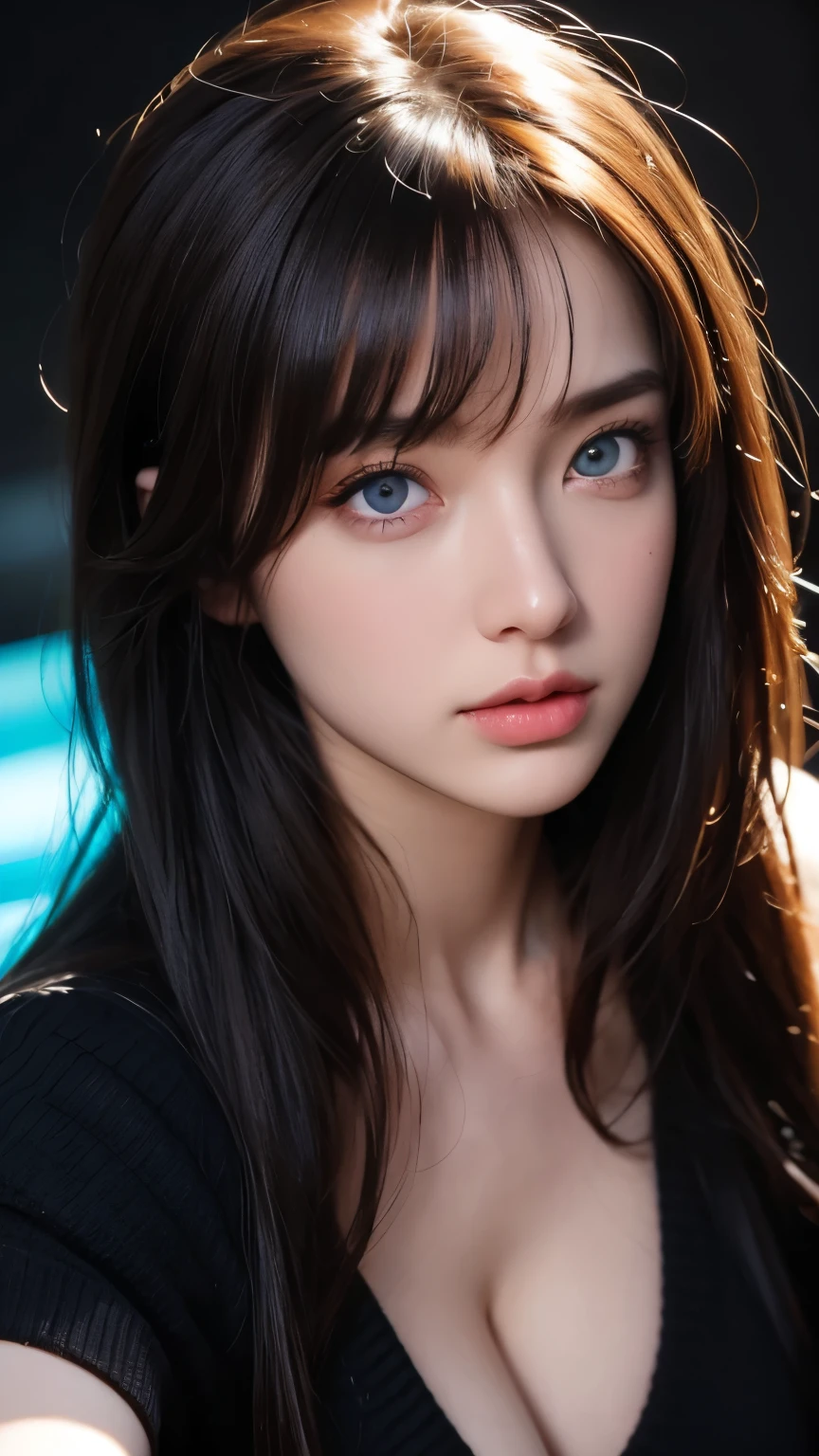 masterpiece, best quality, ultra-detailed, intricately detailed hyperdetailed, realistic, sharp features, highly detailed, sharp focus, perfect face, perfect face, perfect symmetrically perfect eyes, perfect full lips, flexible female form, cinematic, film light, hyper detailed, hyper realistic, high resolution, vibrant, dynamic studio lighting, nsfw, ((Dark background)), Sexy face, Facial expressions when receiving pleasure, straight Bangs, Big breasts, Exposed cleavage, blue Eyes,black sweater, cowboy shot,