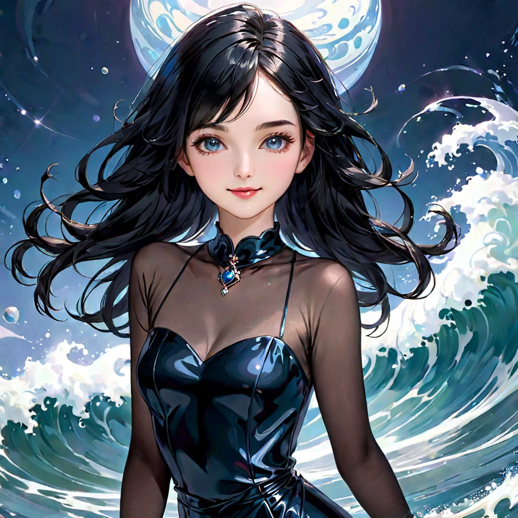 Elena has black hair that falls in silky waves down to her waist., standing out in contrast to her pale, delicate skin. Your eyes are like two obsidian spheres, shining with cunning and intelligence. She has an elegant and slender appearance, with striking facial features and a captivating smile that can hide your true intentions.