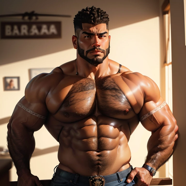 un guardaespaldas exageradamente musculoso y grande, stocky constitution, barba, hombre afroamericano de piel oscura, shaved hair with square line, (stern expression: 1.2), sin camisa, (bara pectorales: 1.9), (pelo de brazos y pecho: 1.8), retrato de primer plano HD, (cowboy angle), (aula)