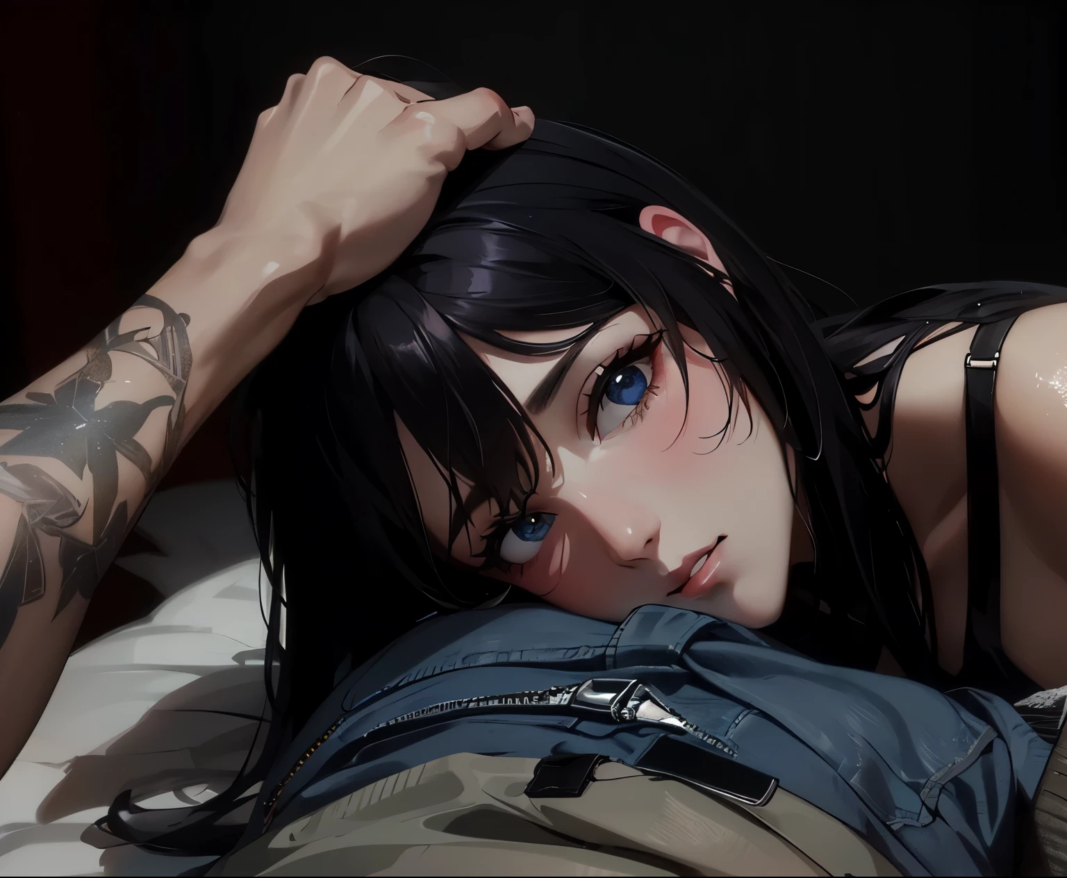 sexy girl placing (beautiful face) her head on mans pants, (bulge visible zipper jeans belt legs)