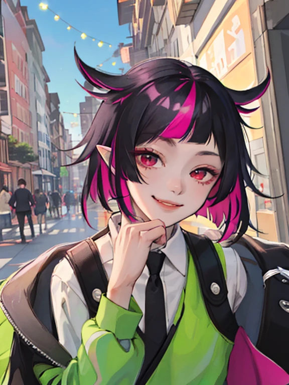 best quality,1boy,lilia vanrouge twisted wonderland,black hair, streaked pink hair,multicolored hair,dark red eyes,pointy ears, smiling,cute, spring street clothes,starrystarscloudcolorful, city, spring, spring wear