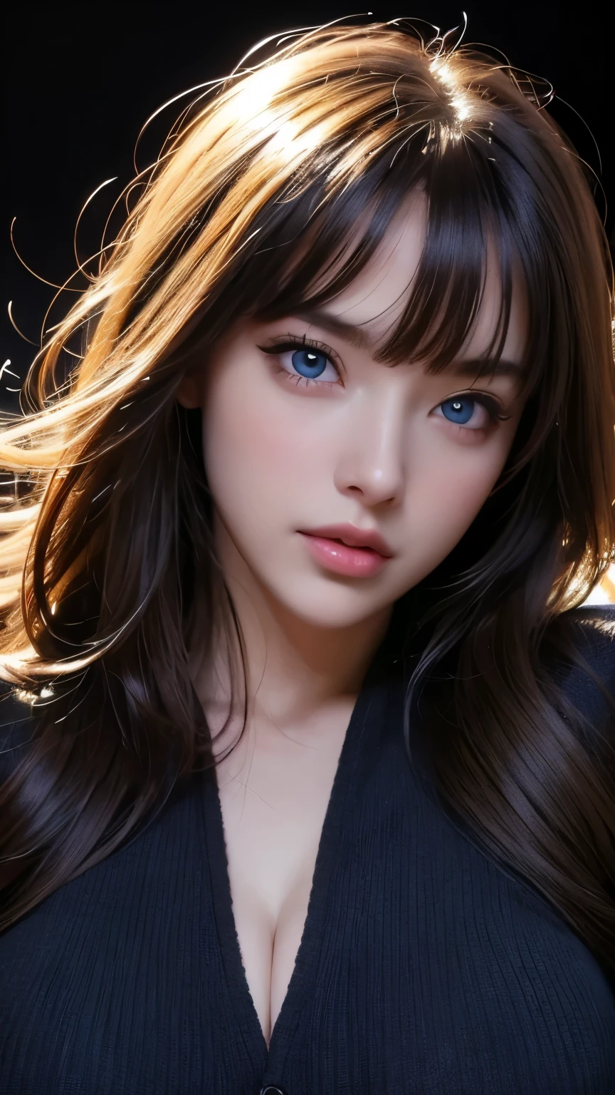 masterpiece, best quality, ultra-detailed, intricately detailed hyperdetailed, realistic, sharp features, highly detailed, sharp focus, perfect face, perfect face, perfect symmetrically perfect eyes, perfect full lips, flexible female form, cinematic, film light, hyper detailed, hyper realistic, high resolution, vibrant, dynamic studio lighting, nsfw, ((Dark background)), Sexy face, Facial expressions when receiving pleasure, straight Bangs, Big breasts, Exposed cleavage, blue Eyes,black sweater, cowboy shot,