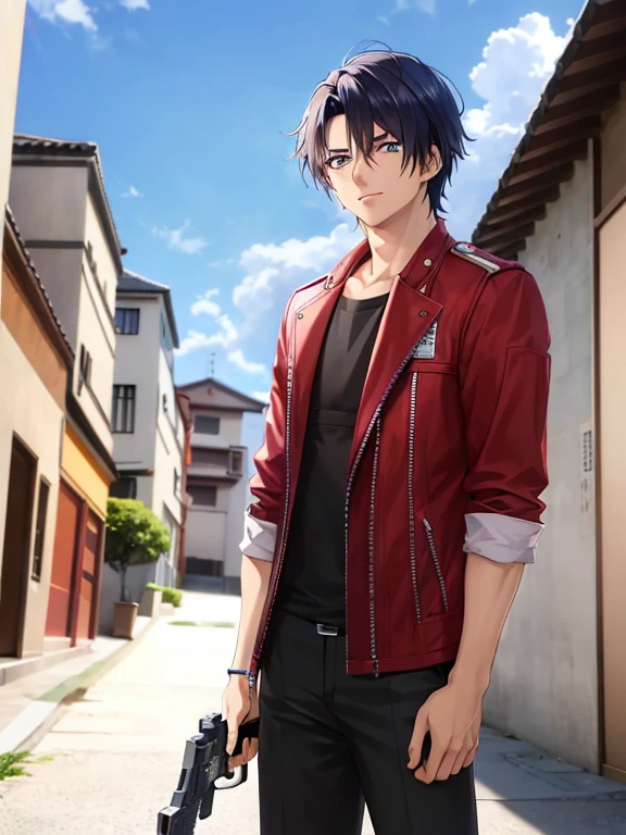 anime character walking through a narrow alley with a gun in his hand, arte cg de anime suave, anime rudo 8k, chico anime alto con ojos azules, inspirado em Yamagata Hiro, hombre guapo animado, concepto de anime hdr anime macmanus, estilo anime masculino, personaje de anime masculino, arte anime digital avanzado ", Hiro, joven animado, 3 de anime realista