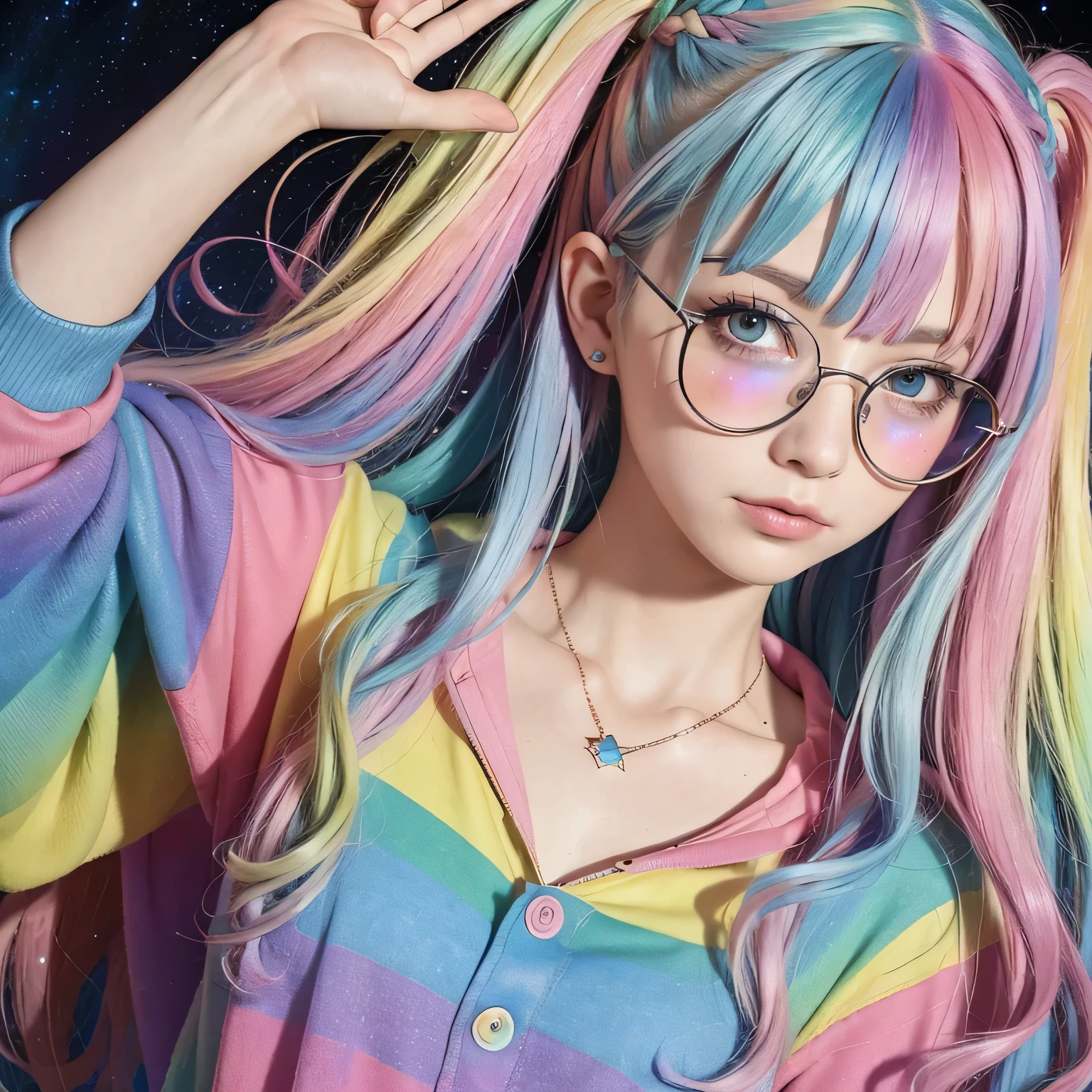 (masterpiece, highest quality, highest quality, watercolor art (pendant), official art, beautiful and aesthetic, (1.2), (1 girl: 1.3), (fractal art: 1.3), full body, star-shaped pupil, , pattern, ((iridescent hair, colorful hair, half blue and half pink hair: 1.2)), (school uniform), colorful, glasses, writing, heterochromia, (colorful: 1.5), ((rainbow sky)), sun, (embarrassed face)
