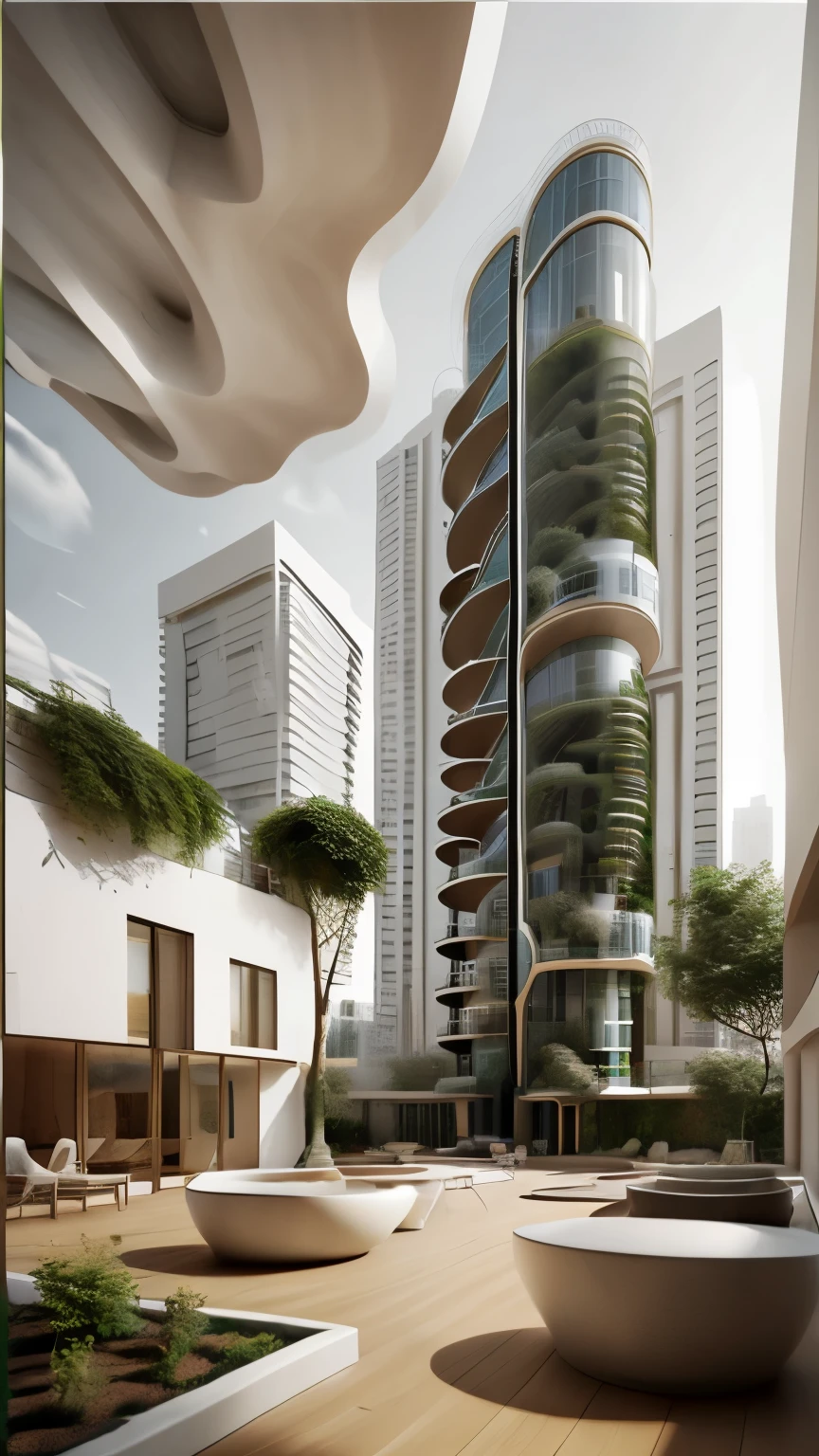 A high-rise building in a futuristic city designed by Zaha Hadid, Futuristic building, Modern building, Sidewalks around the building, idea, A fusion of the future and the past, Hanging Gardens, the Hanging Gardens of Babylon, Sustainability, The future's technology, Very tall building, Architectural creativity, New culture, Self-sufficiency, Golden Ratio, Beautiful building in the middle of the photo, Blur background, One building, Spread, Natural colors, calm colors, Masterpiece, art, Better accuracy